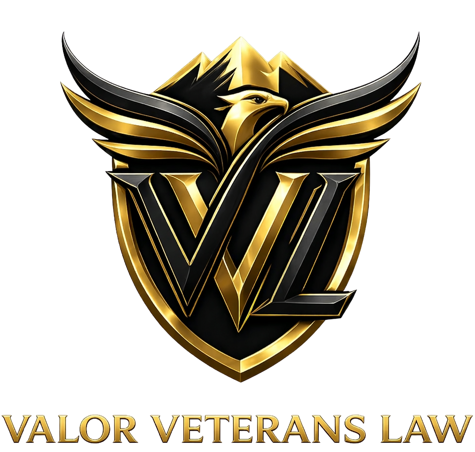 Gold and black Valor Veterans Law shield logo with winged V initials and text below