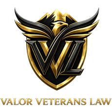Gold and black Valor Veterans Law shield logo with winged V initials and text below