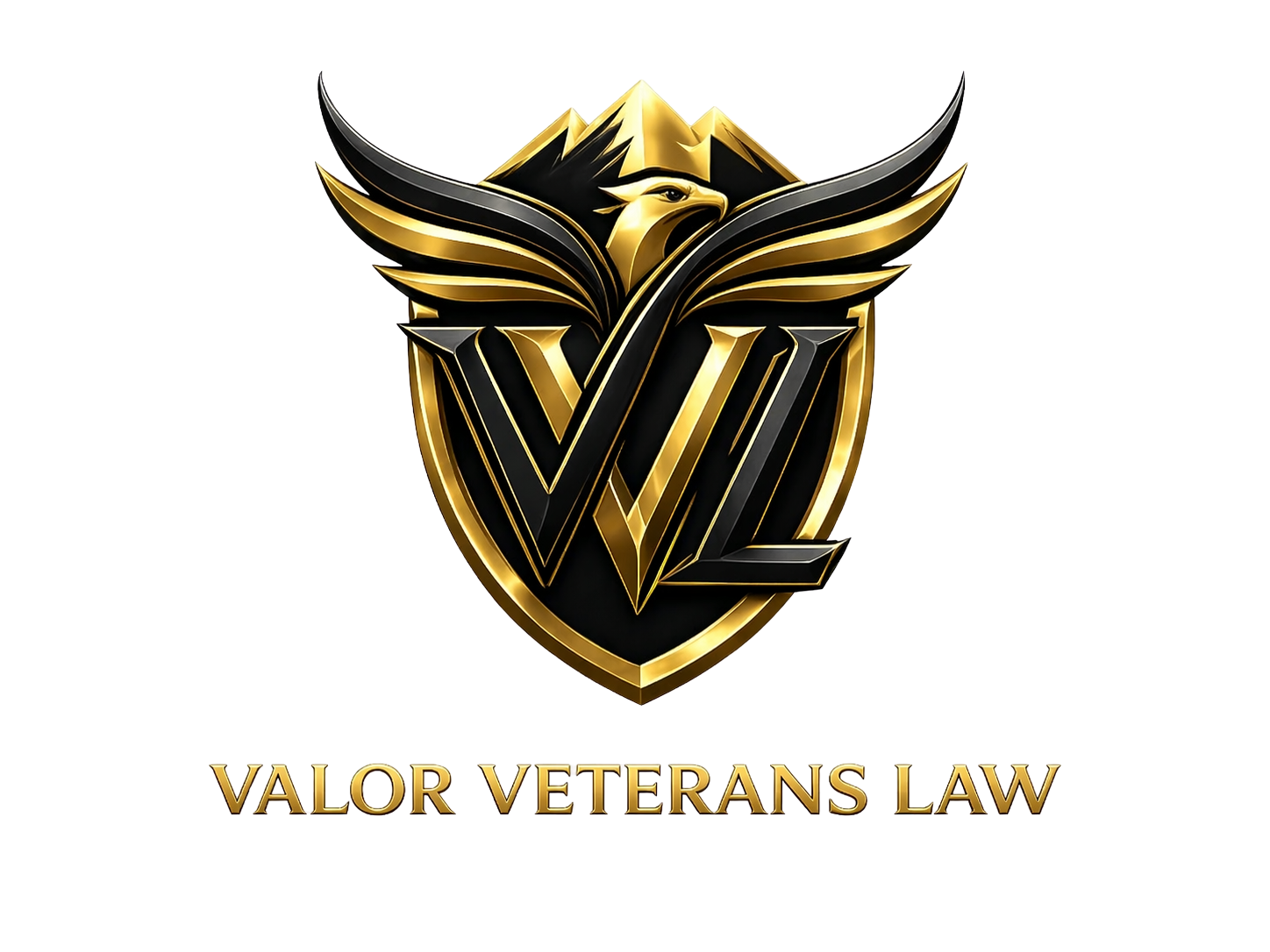 Gold and black Valor Veterans Law logo with stylized wings and shield emblem
