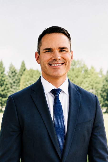 Professional man in a blue suit and tie outdoors, standing before a blurred tree-lined background