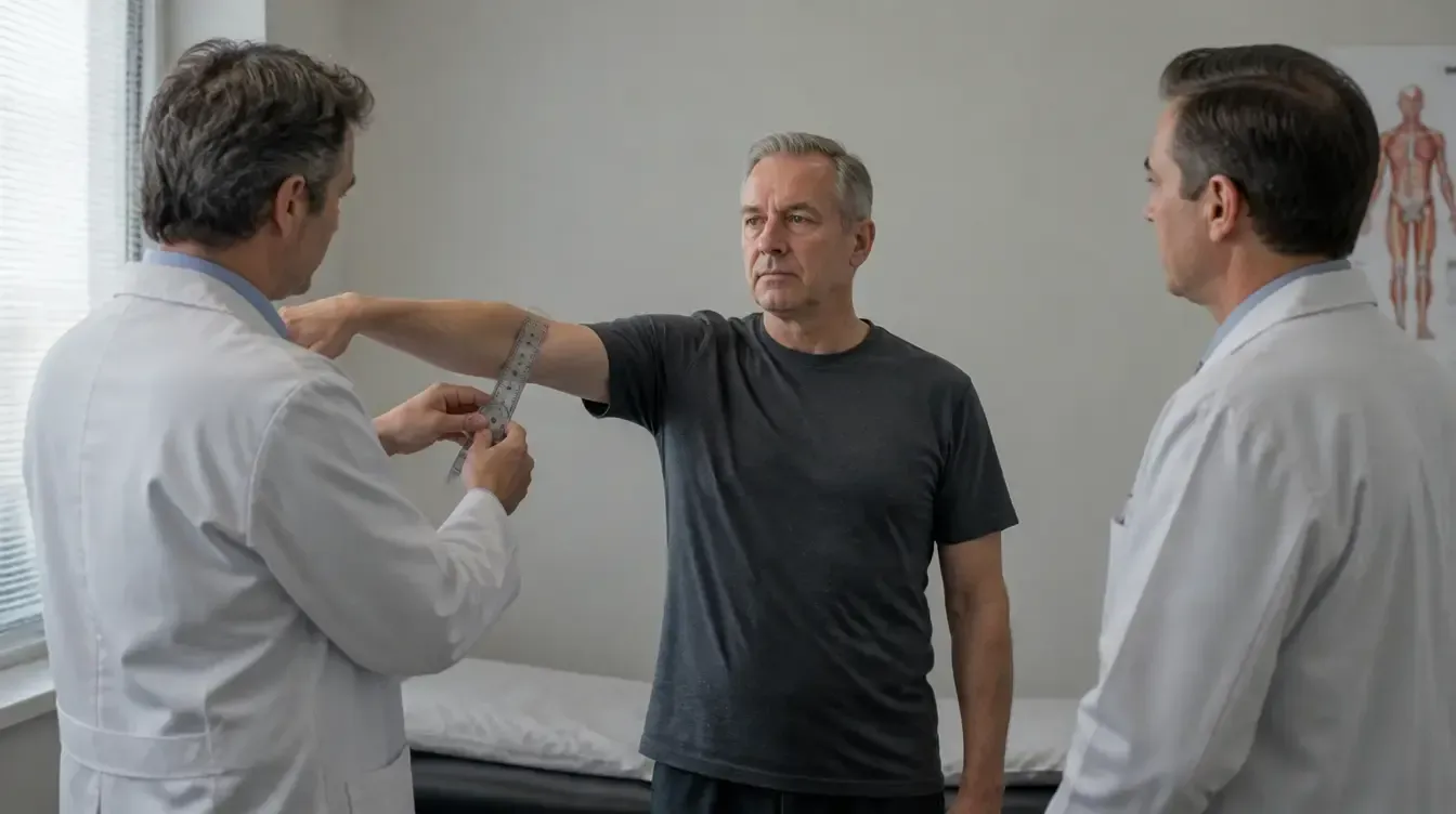 Doctor checks a man's arm in a clinical exam room while another doctor observes.