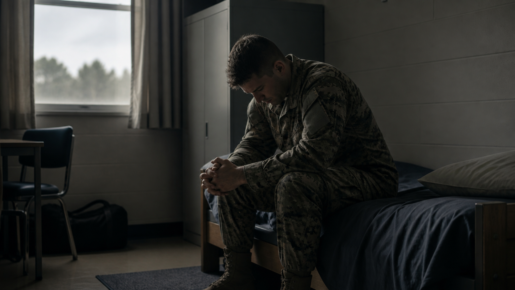 Soldier in camouflage sits on a bed, head bowed, in a dim room near a window.