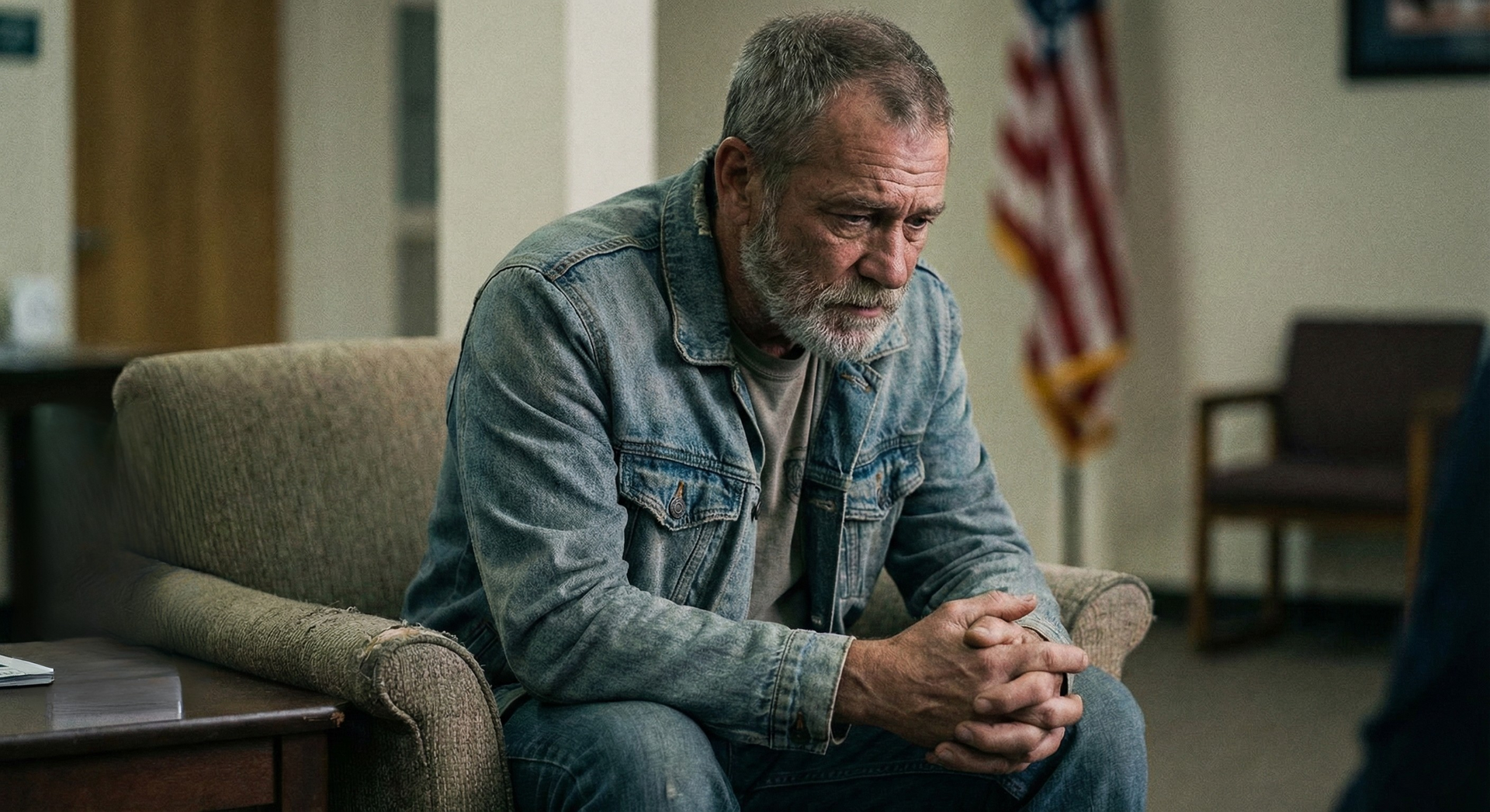 Man sitting in a chair with hands clasped, looking down in a quiet room with an American flag in the background.