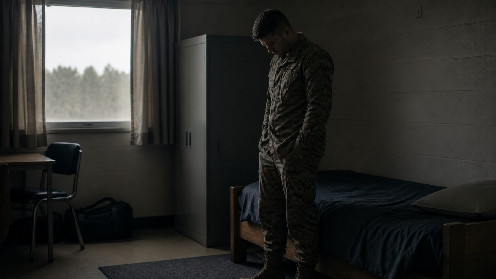 Person stands beside a bed in a dim bedroom, looking down, with a window and curtains on the left.