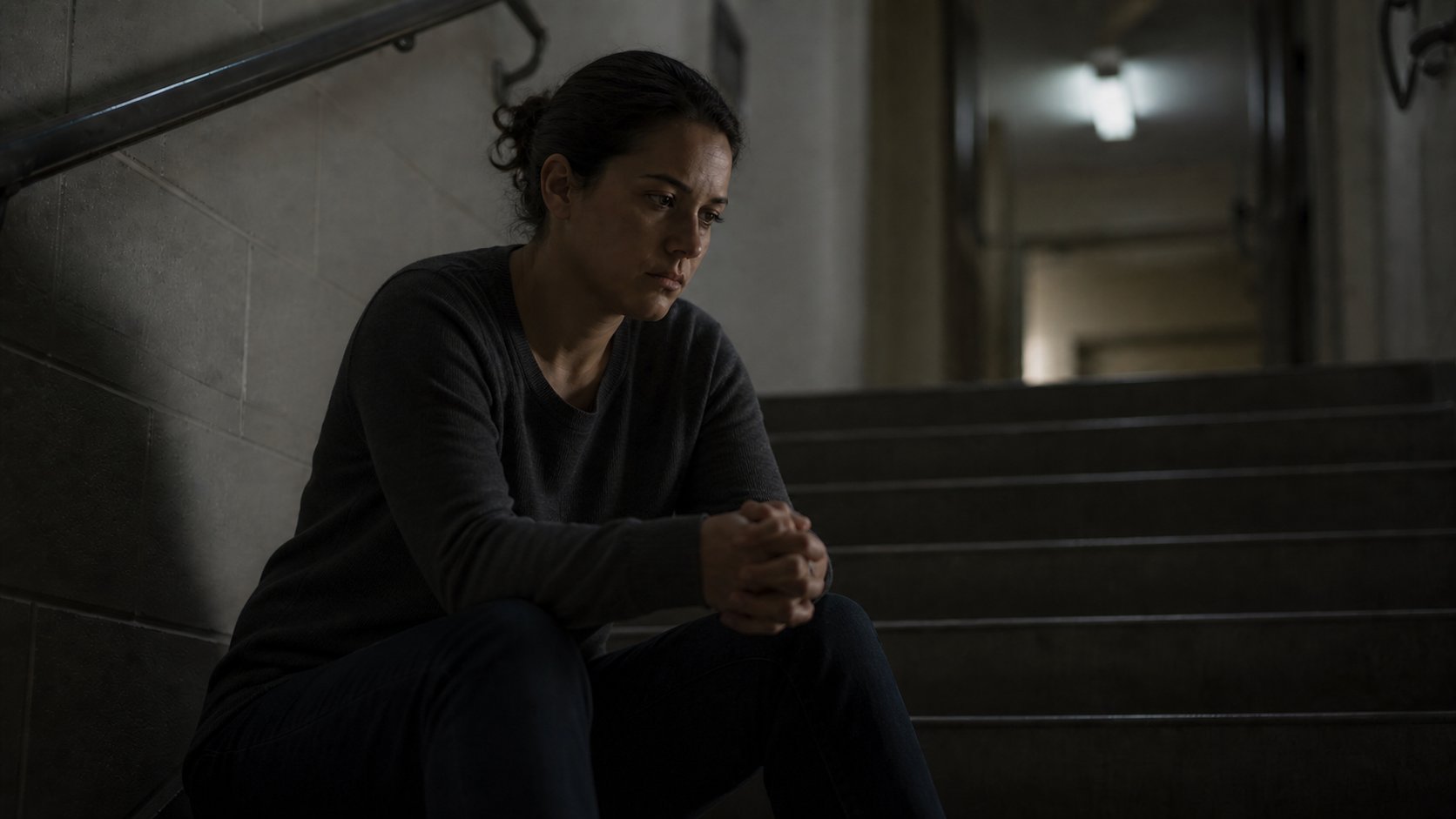 Person sitting on stairs in a dimly lit hallway, hands clasped, looking pensive.