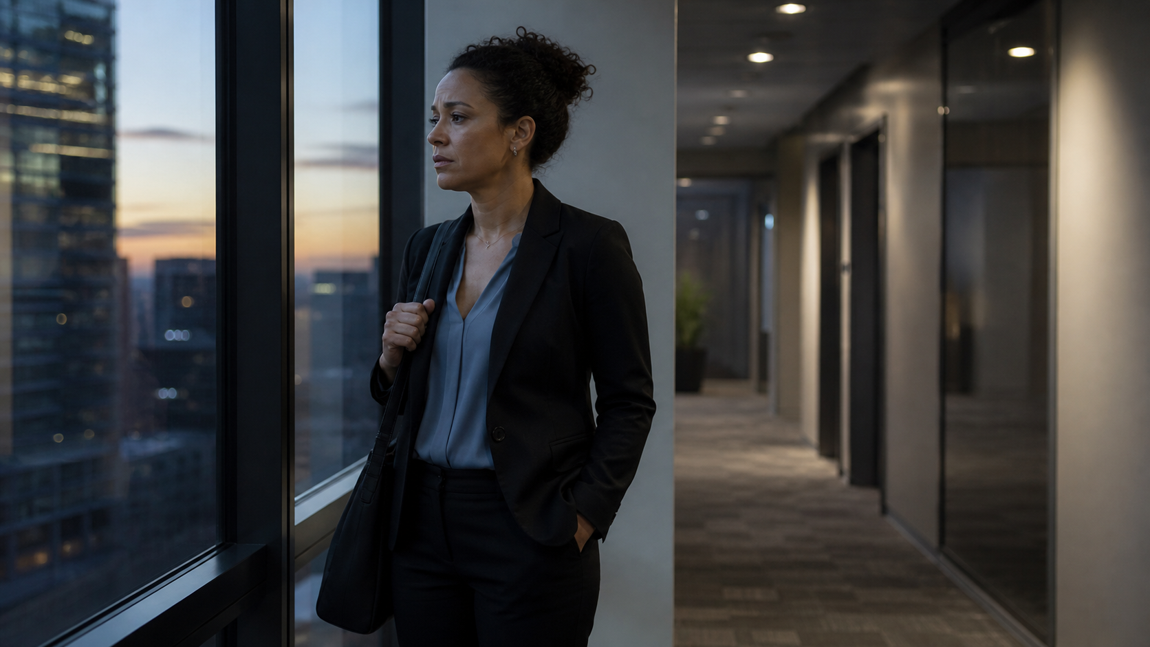 Professional standing by a large office window, looking out at the city at dusk.