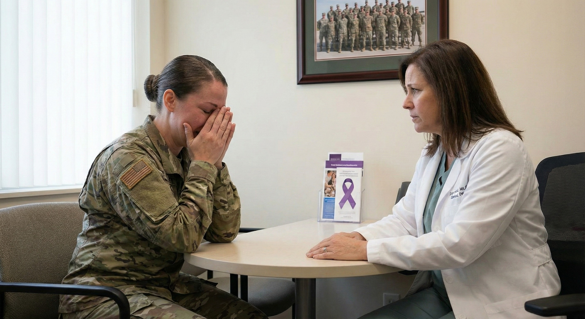 Soldier crying during a counseling session with a woman in an office