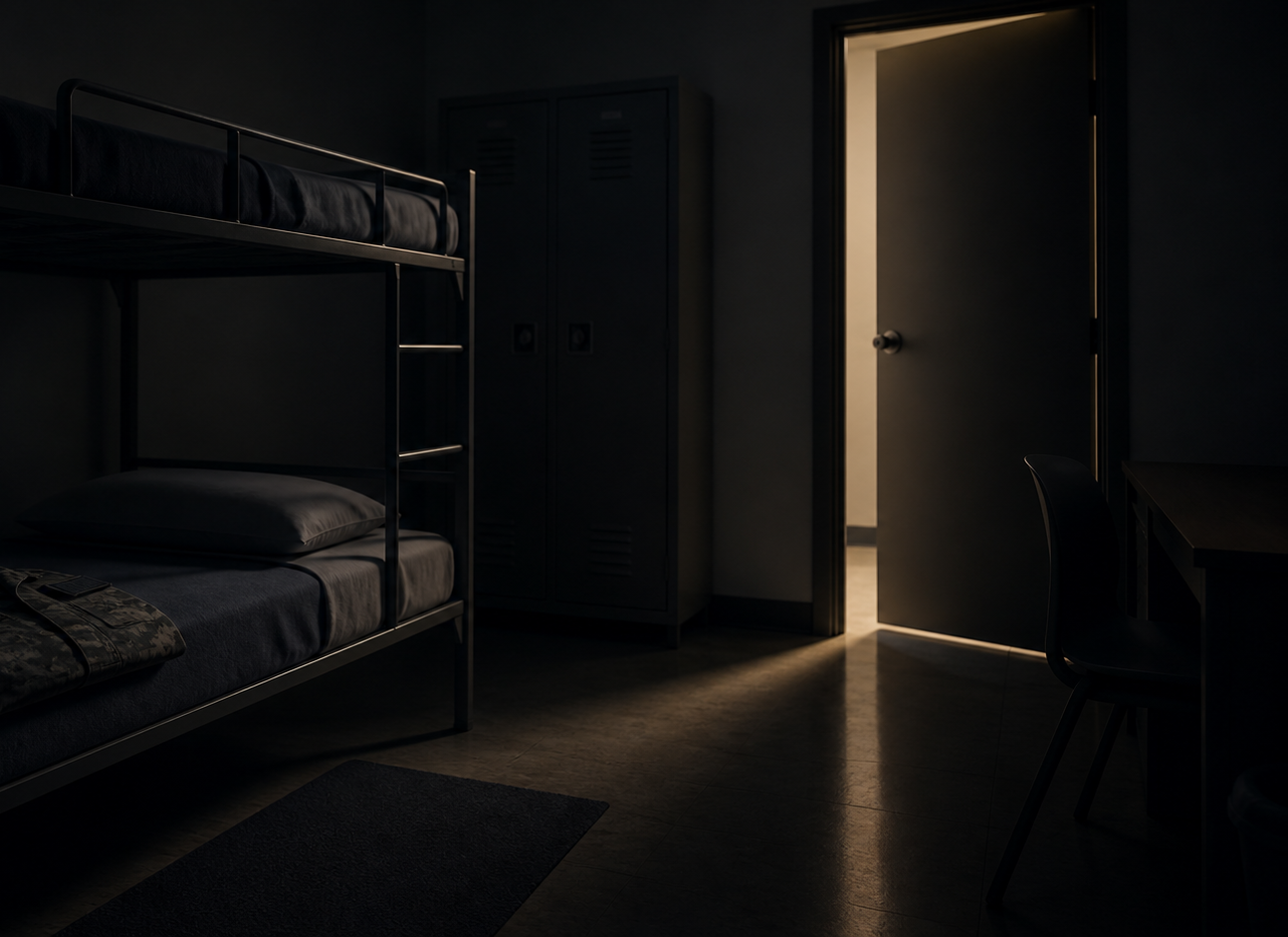 Dim bunk room with an open door casting light onto the floor