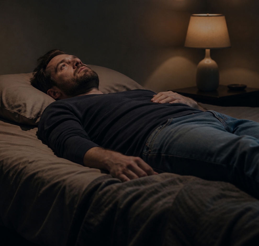 Man lying on a bed in a dimly lit bedroom beside a glowing bedside lamp