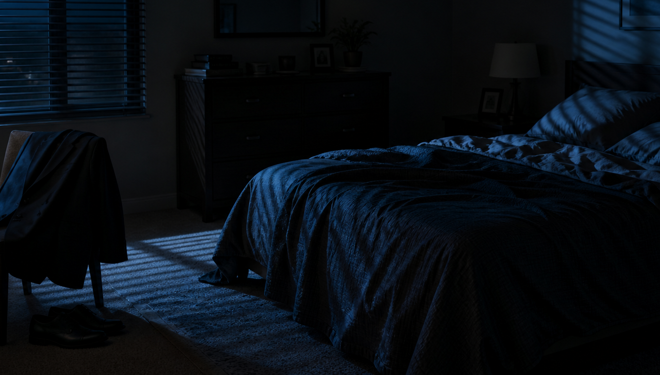 Dim bedroom with a bed in blue light from a window, creating a nighttime scene.