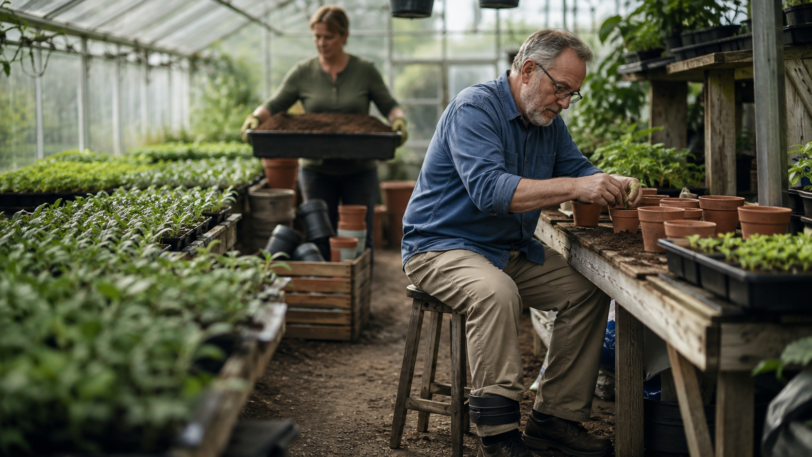 Two people potting plants in a greenhouse, one seated at a table and one carrying a tray in the background.