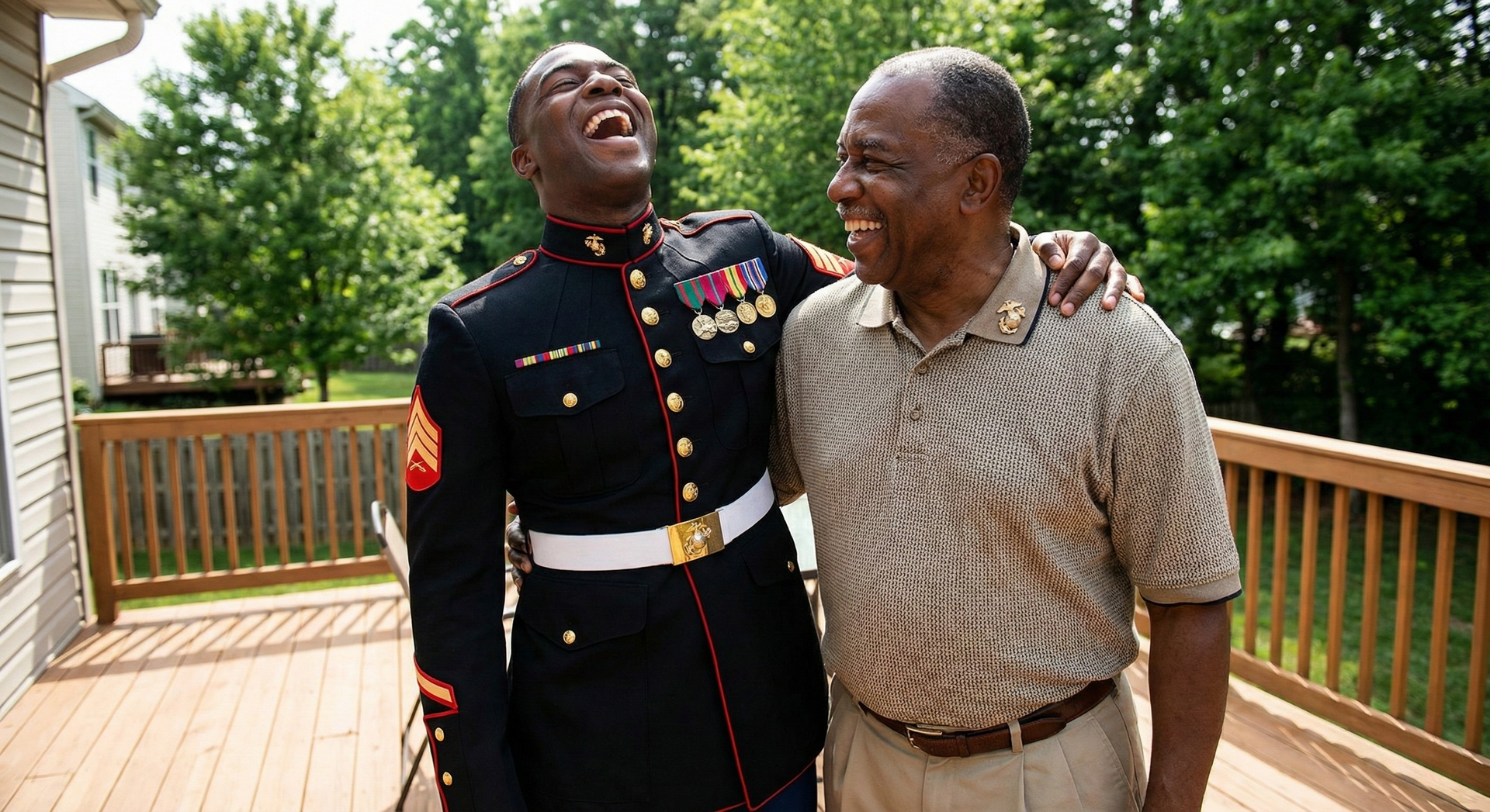 Two men laughing and walking on a wooden deck, one in a military dress uniform, outdoors.