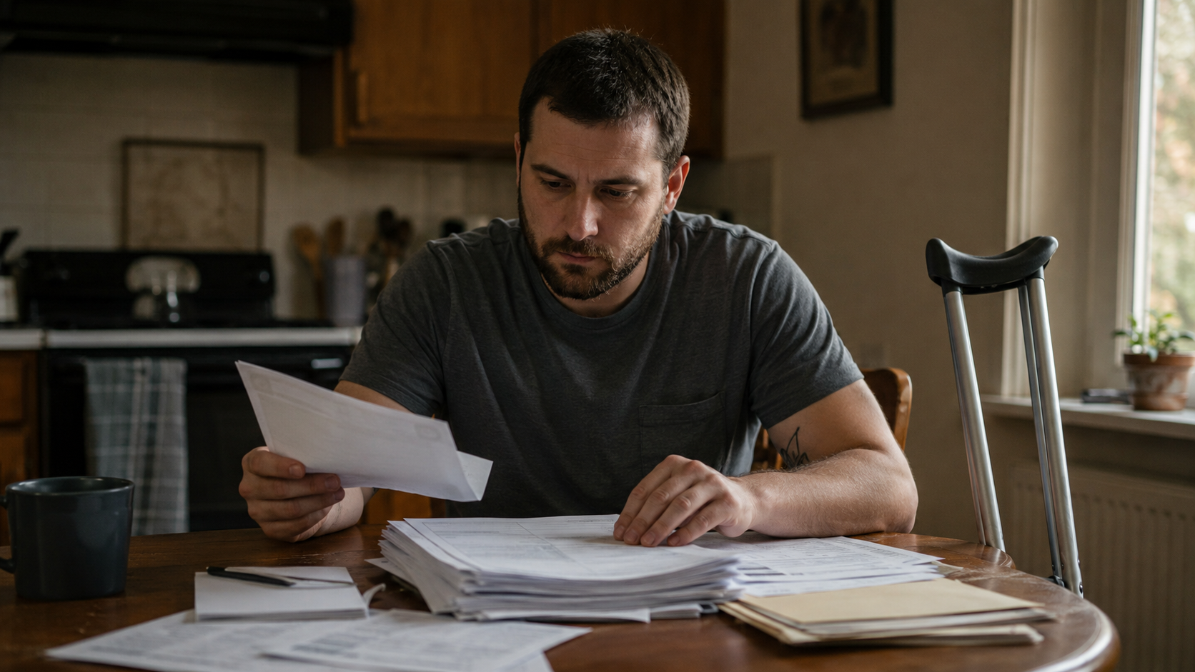 Man reading paperwork at a wooden table in a dim kitchen, with stacks of documents and crutches nearby