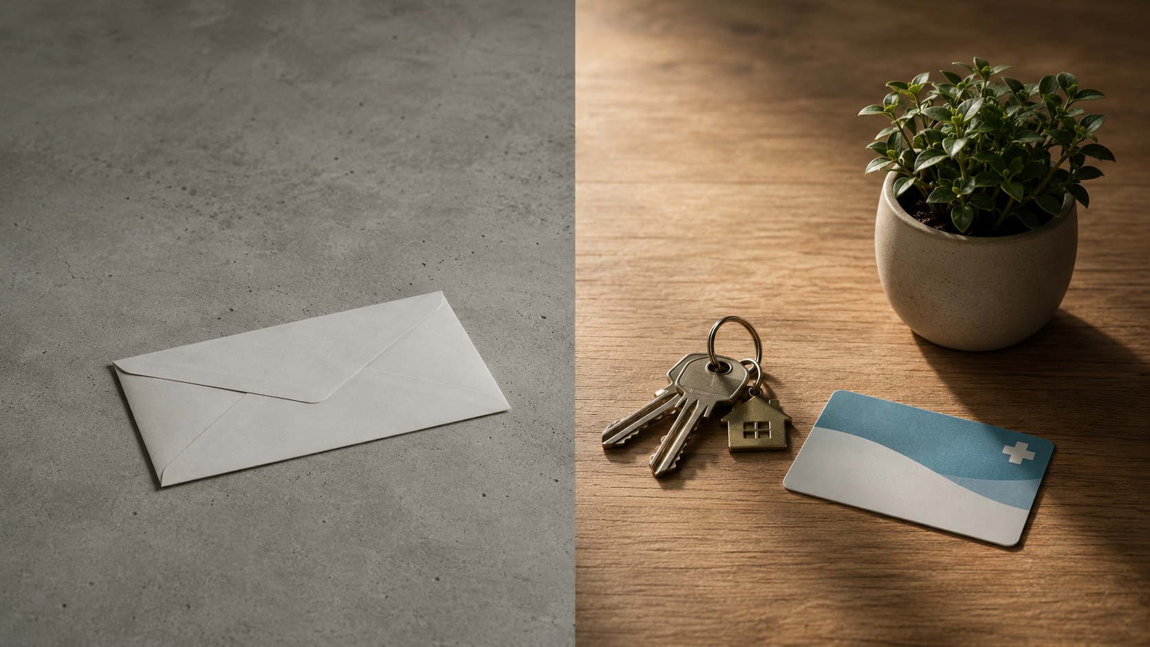 Envelope on gray floor beside keys, blue card, and potted plant on a wooden table.