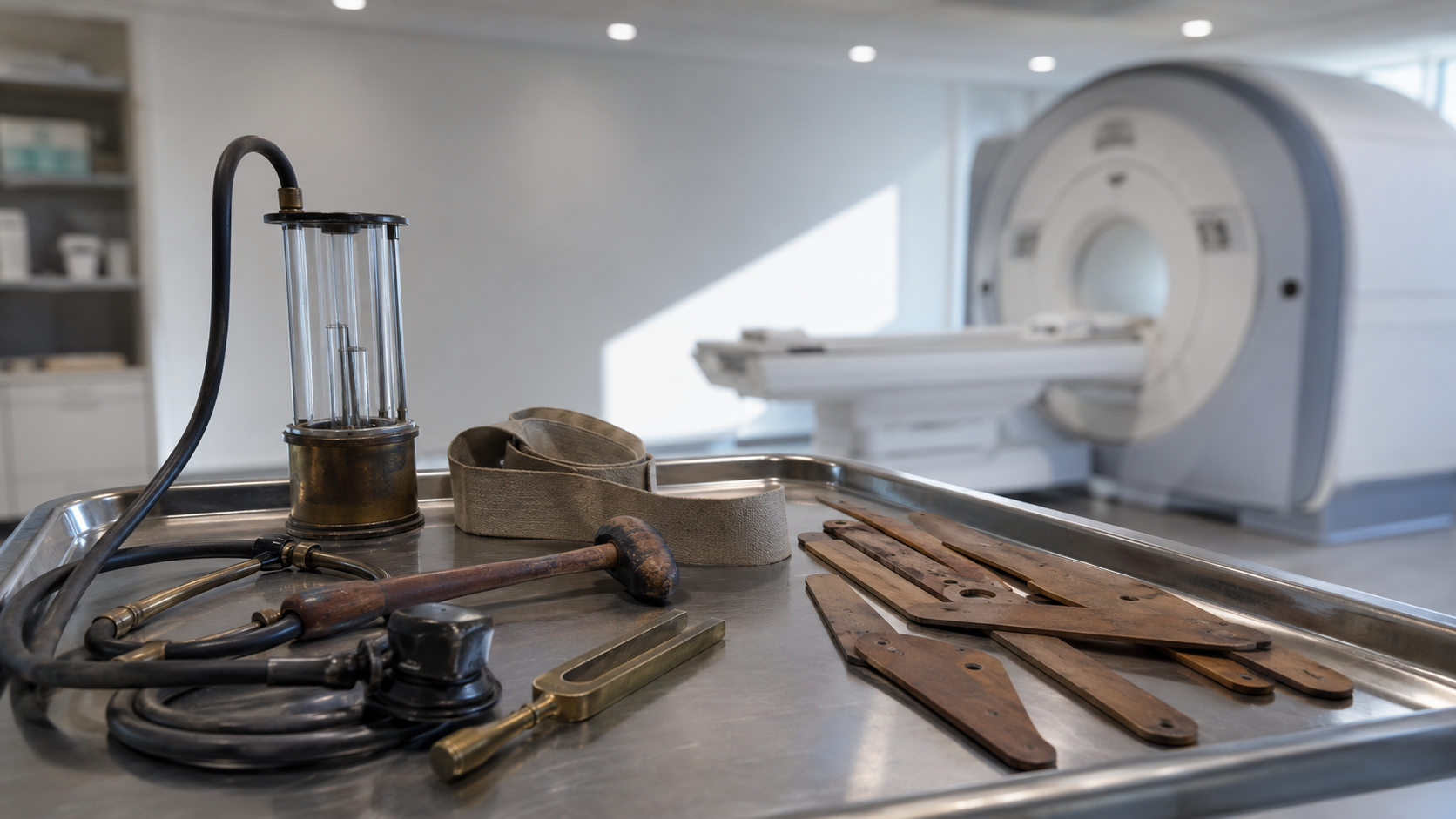 Medical tools on a tray in front of a CT scanner in a hospital room