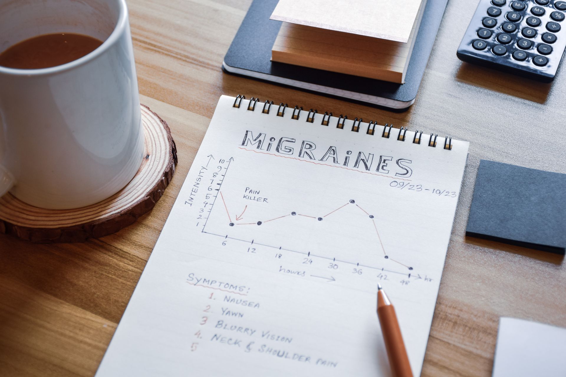 Desk with coffee, notebook charts, pencil, calculator, and books in a workspace.