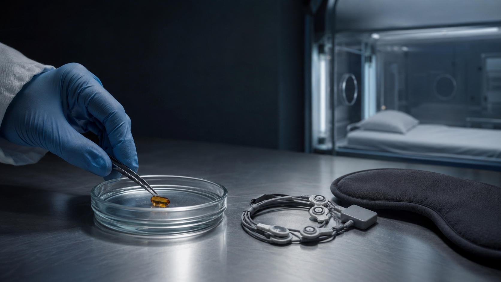 Gloved hand placing a tiny object into a petri dish beside handcuffs and a black cloth in a lab-like setting