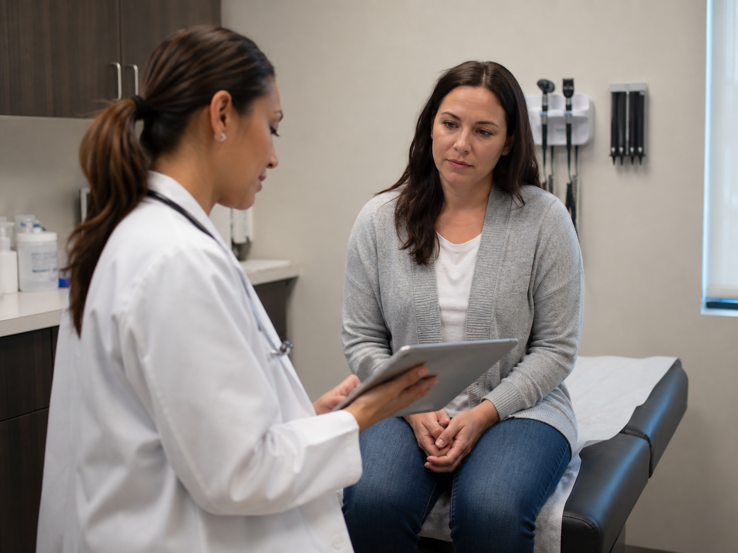Doctor speaking with patient in exam room, holding a clipboard.