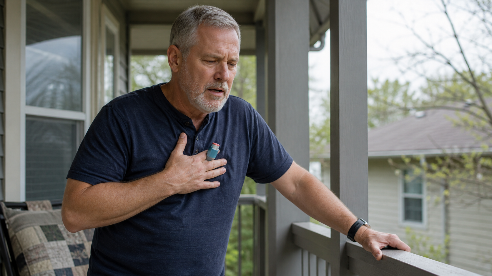 Man on a porch holding his chest and leaning on the railing, looking short of breath.