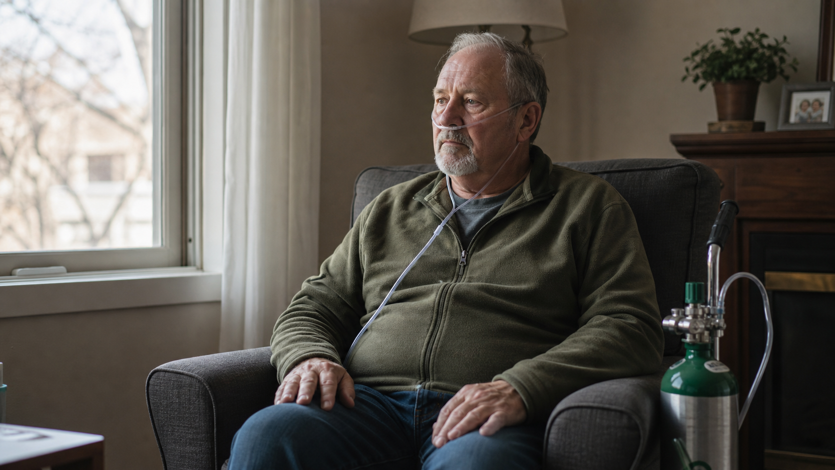 Man sitting in an armchair by a window, wearing a green sweater, in a cozy living room.