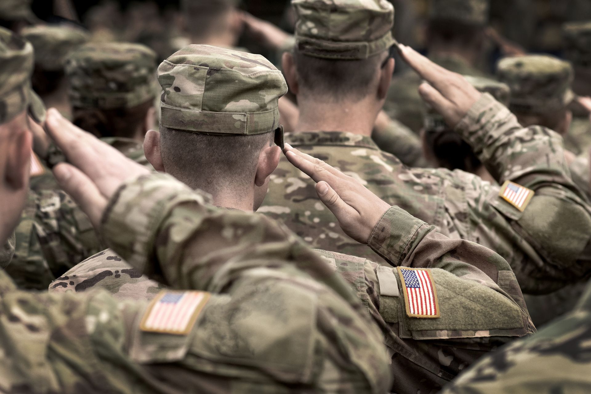 Soldiers in camouflage uniforms salute in formation, seen from behind.