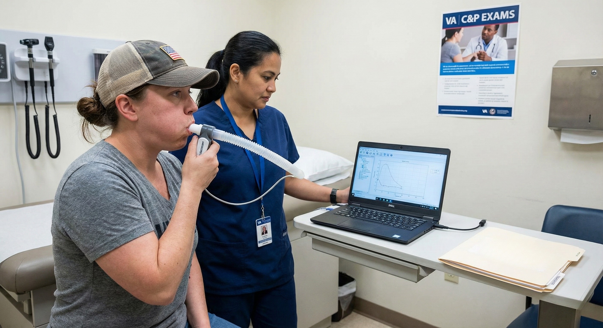 Patient breathing into spirometry mouthpiece while clinician monitors laptop in exam room