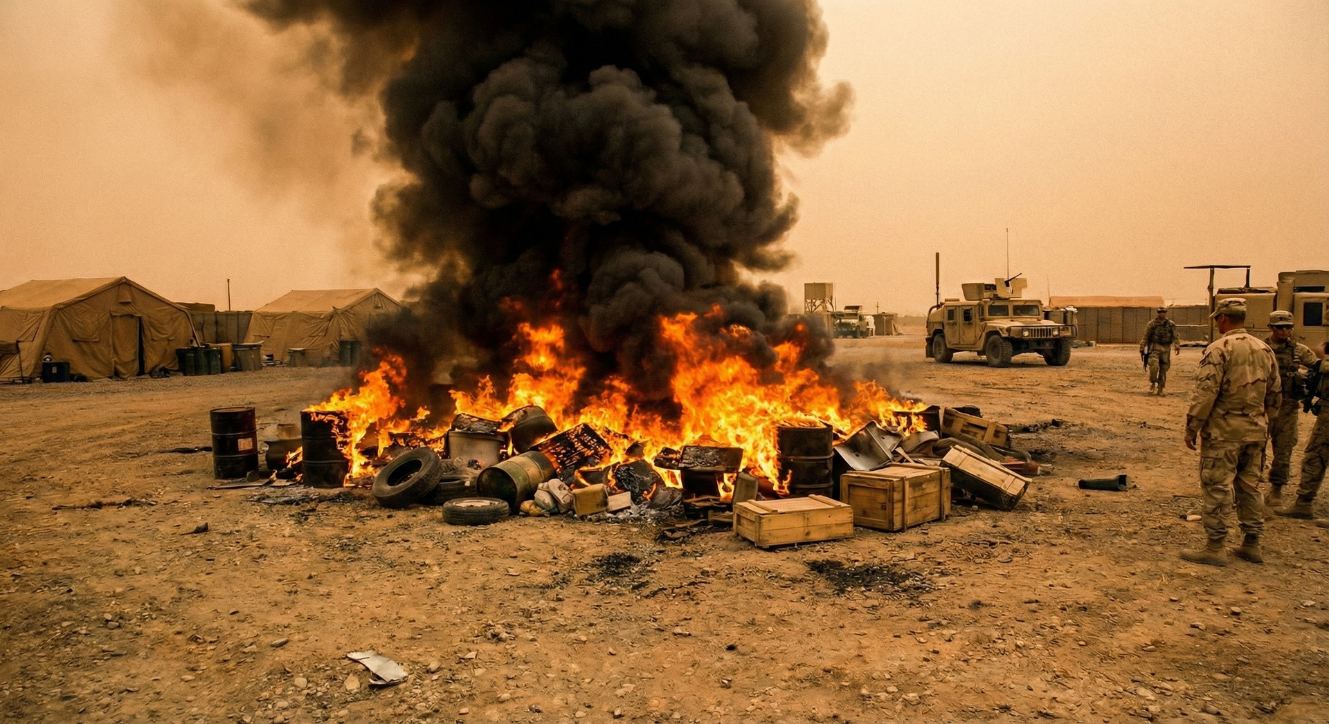 Burning debris with thick black smoke in a desert camp, with soldiers and vehicles nearby
