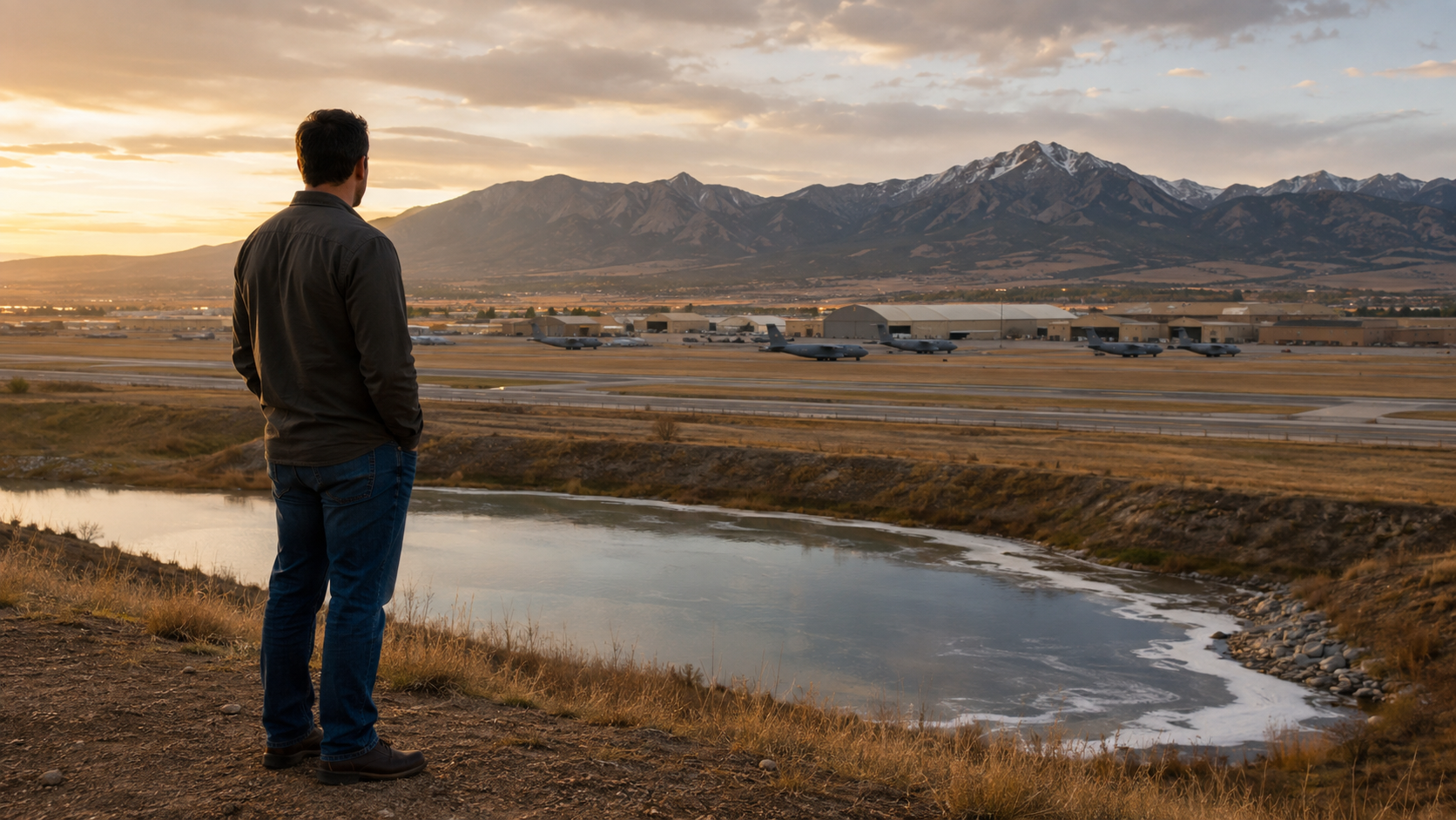 Person stands by a pond overlooking a valley and snowcapped mountains at sunset.