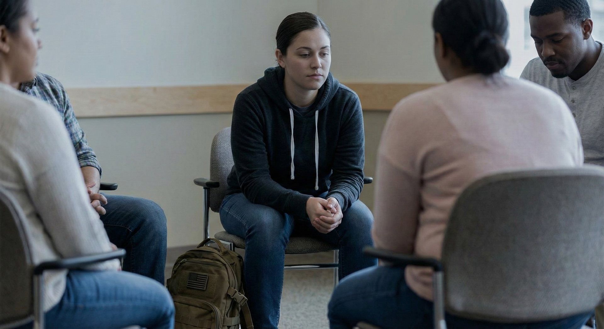 Small support group seated in a circle, with one person speaking in the center.