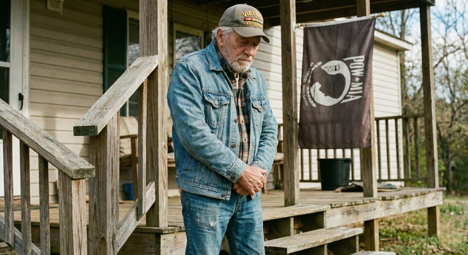 Older man in denim standing on a wooden porch beside a hanging black flag, outdoors