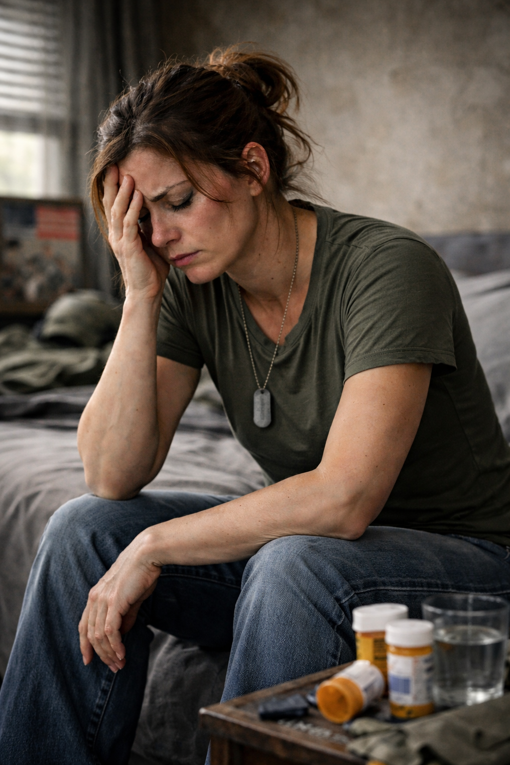 Distressed woman sits with head in hand beside medicine bottles in a dim room