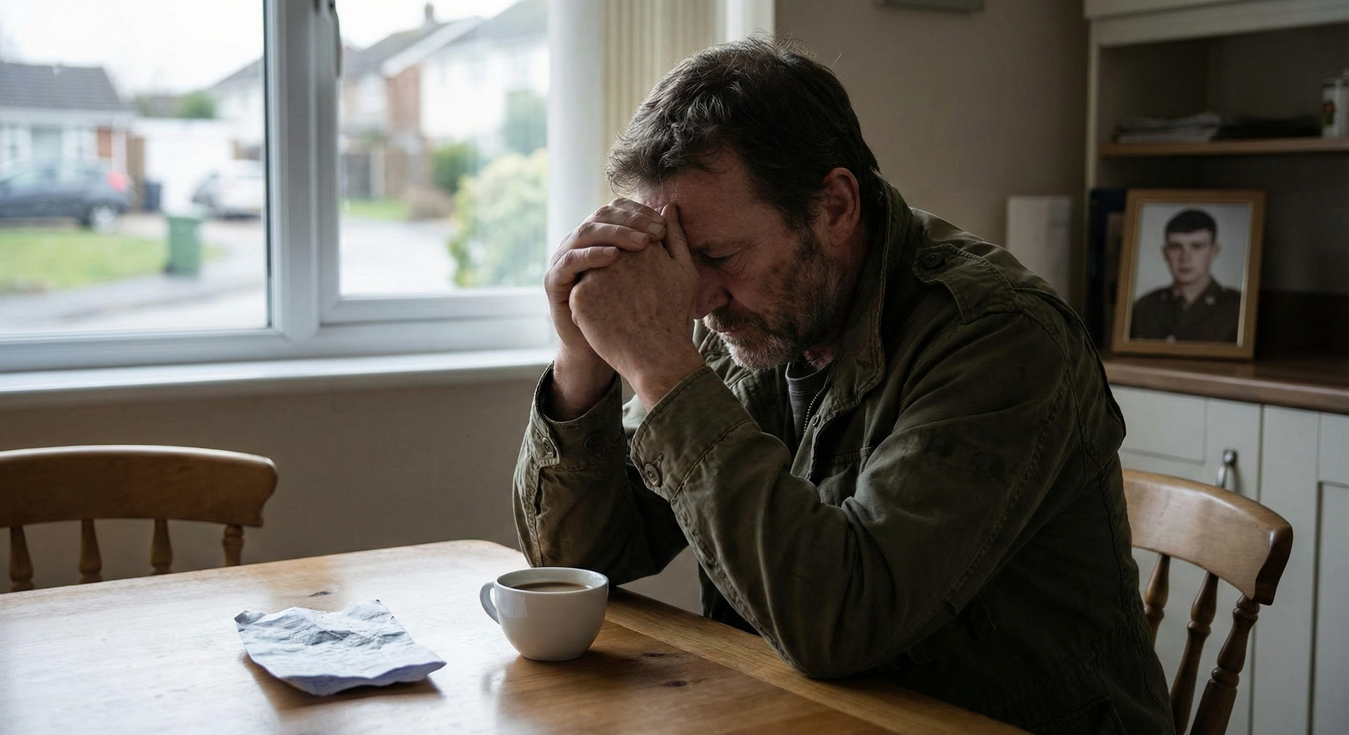 Man sitting at a table, head in hands, beside a cup and framed photo, in a bright room.