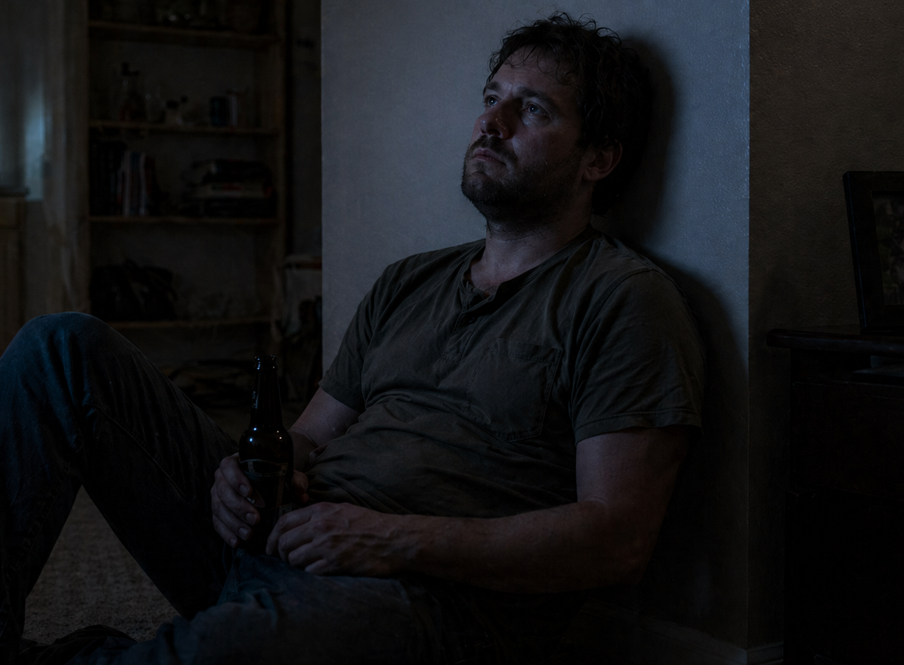 Man sitting in a dim room, leaning against a wall and holding a bottle, with a somber expression