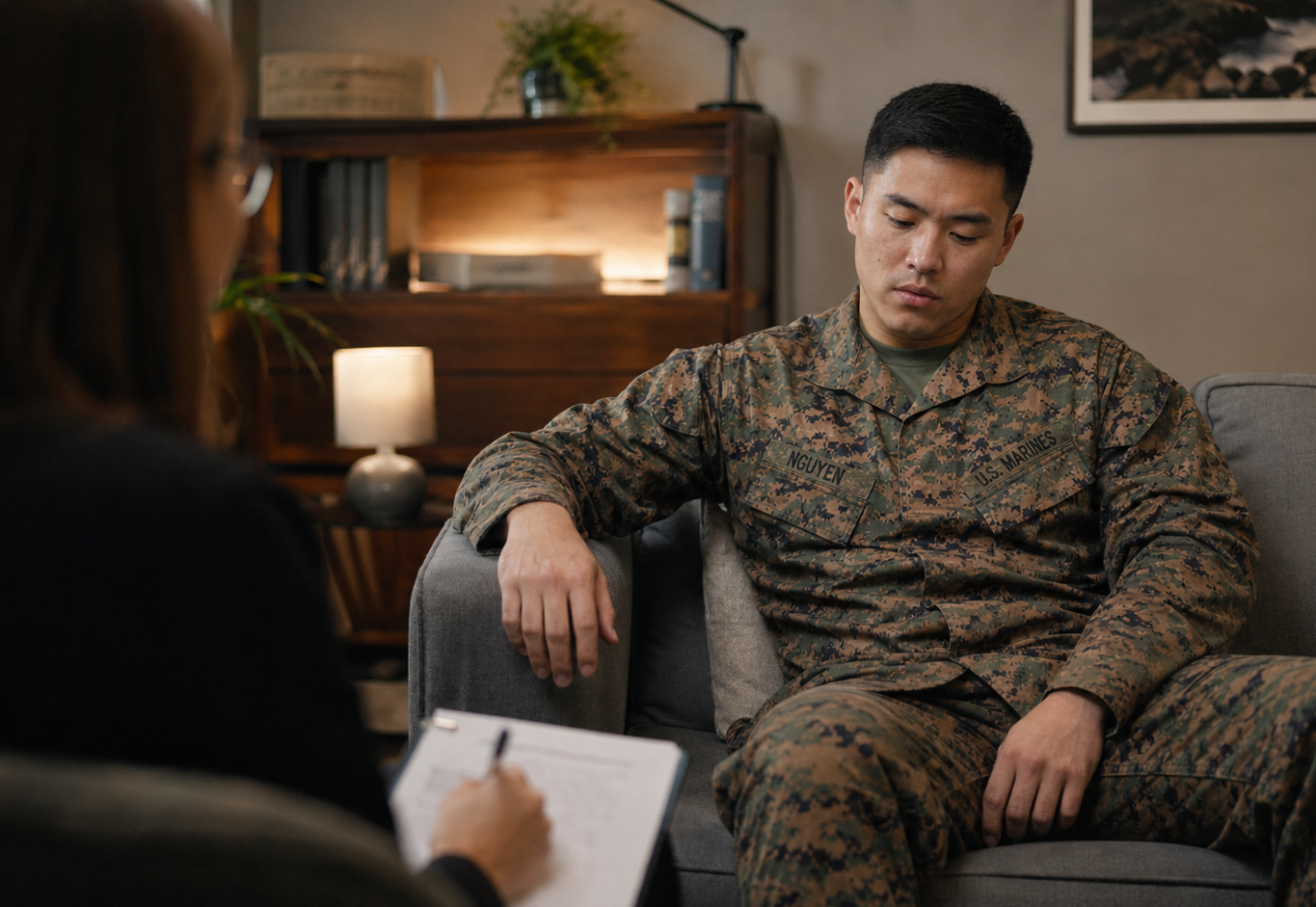 Man in camouflage uniform sits on a couch during a counseling session, with a notepad in the foreground.