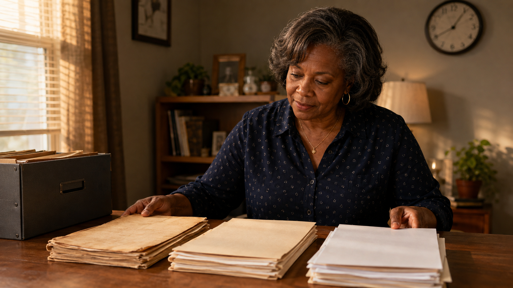 Person organizing stacks of paper at a desk in a sunlit room, with a clock and bookshelf behind.