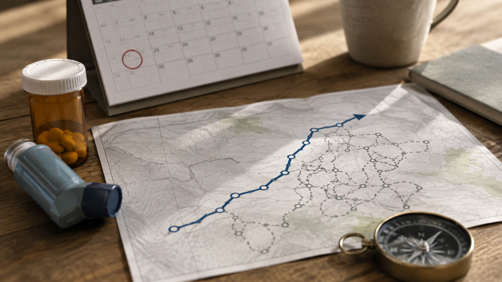 Map with a blue route line, compass, pill bottle, and notebook on a wooden desk