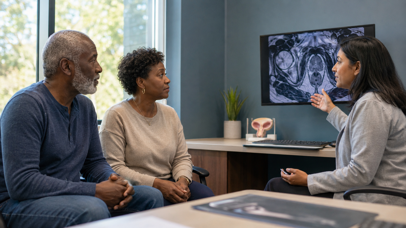 Three people in a counseling session, seated around a desk with a doctor pointing at a scan on a monitor.