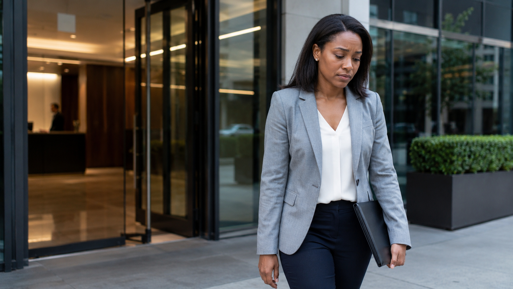 Woman in a gray blazer walks past a modern glass office building.
