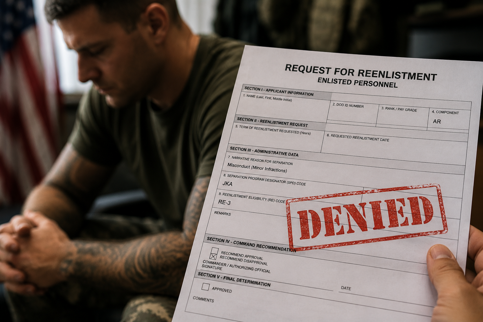 Denied reenlistment form stamped in red beside a seated person reading it