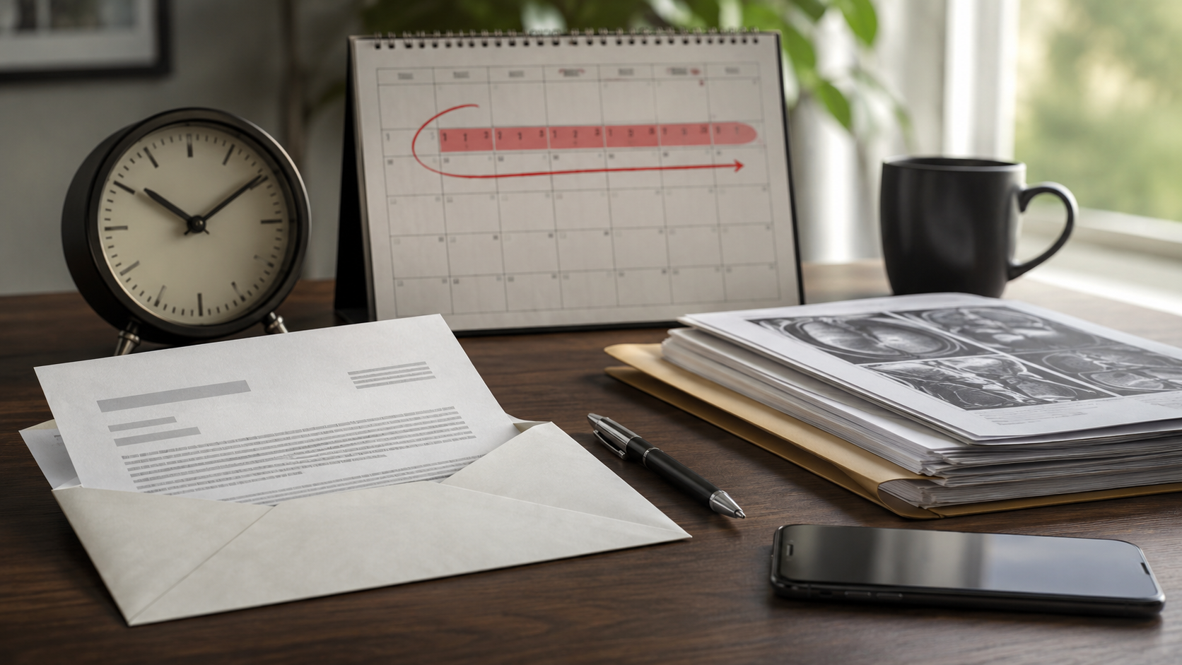 Desk with clock, paperwork, pen, notebook calendar, coffee mug, and smartphone in a neat workspace.