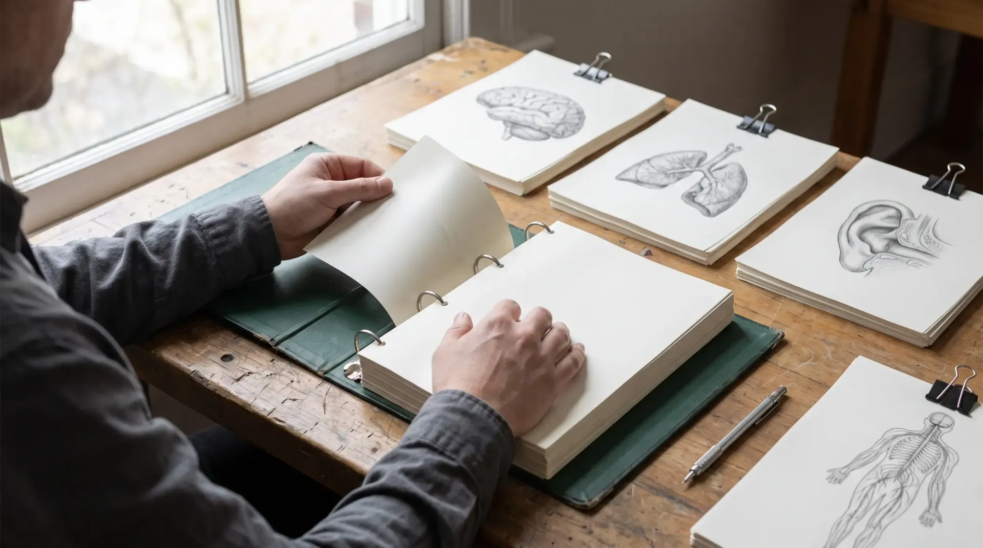 Person sketching designs in a notebook at a wooden desk by a window, with several drawing pages nearby