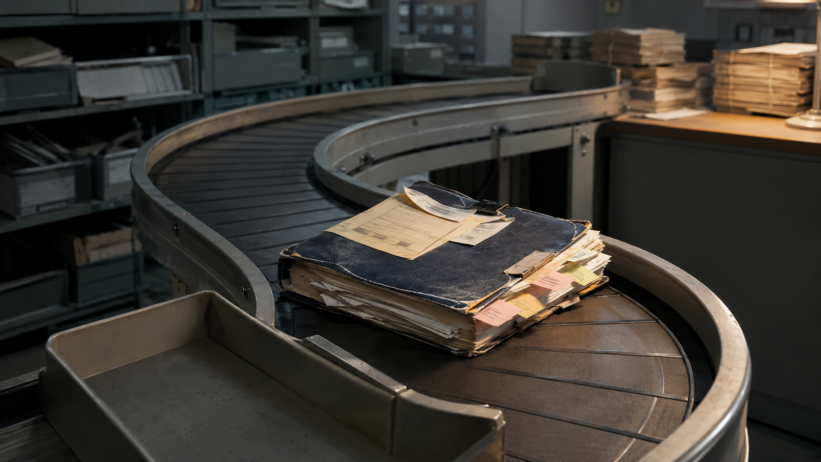 Stack of worn books on a curved conveyor belt in a dim industrial room.