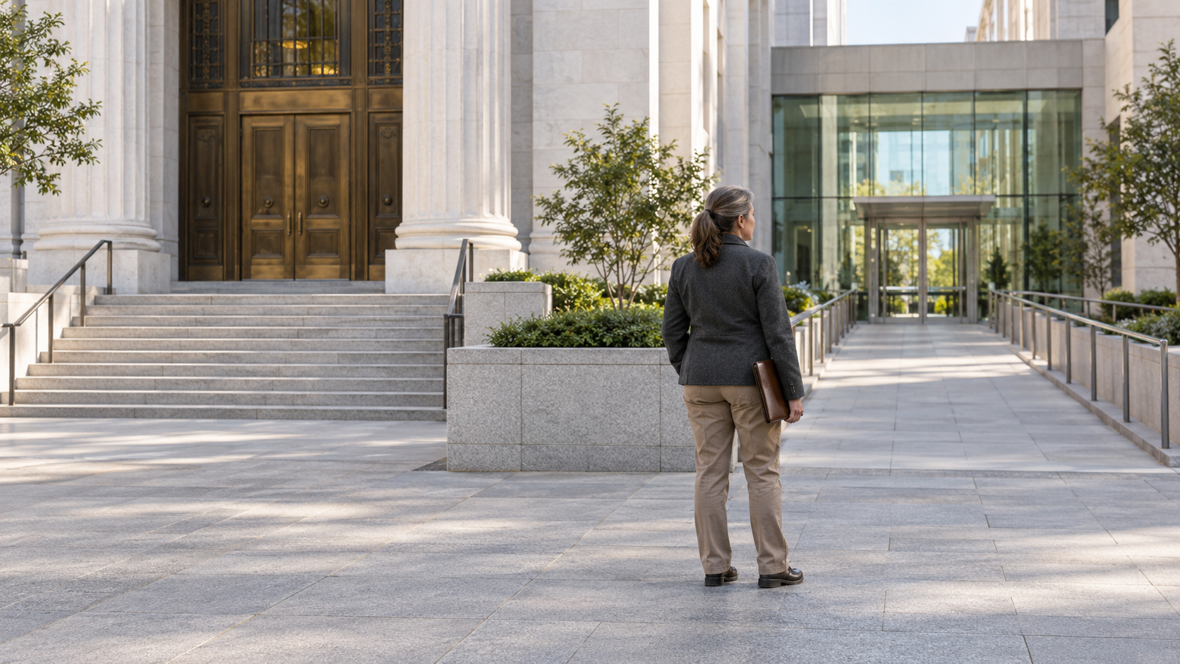 Person walking in a modern courtyard between tall buildings and glass doors.