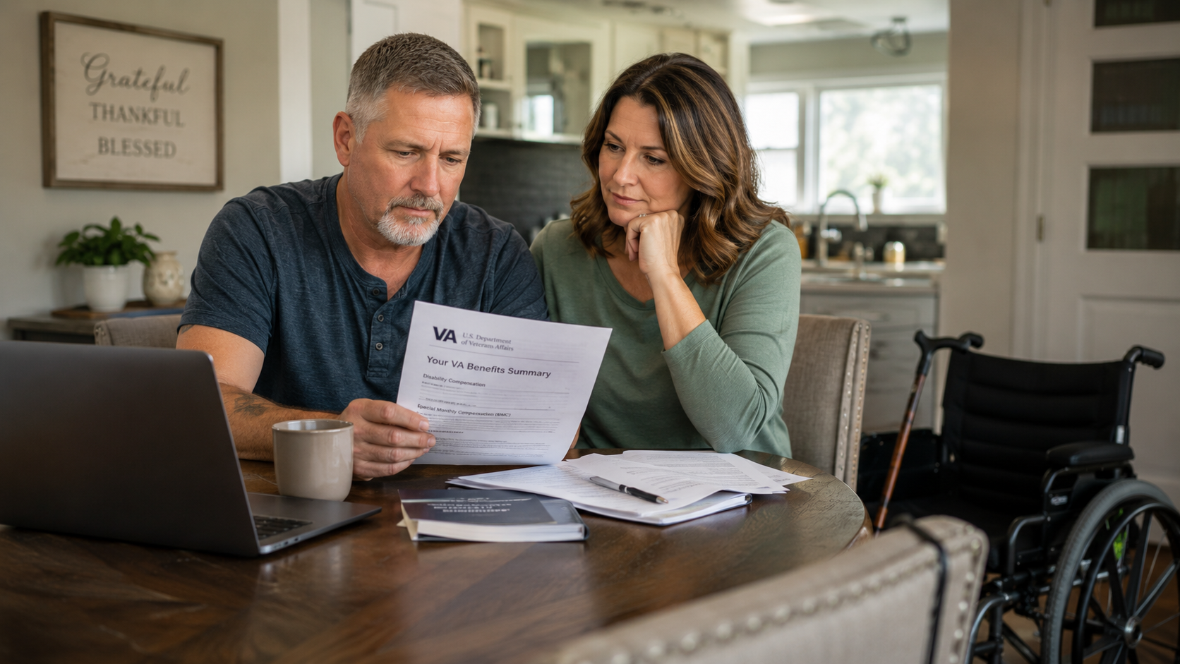 Two people review paperwork at a dining table with a laptop and wheelchair nearby
