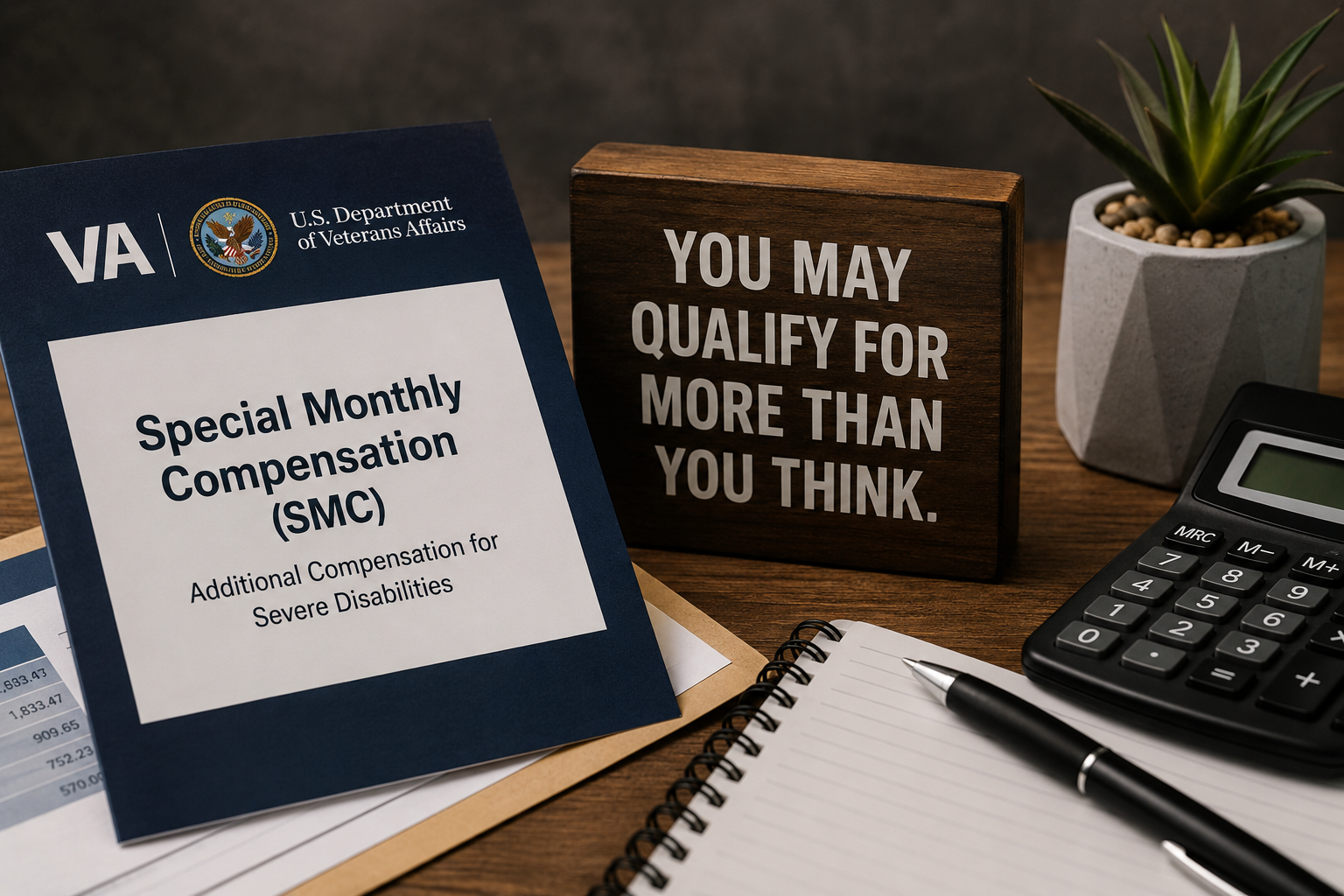 VA special monthly compensation flyer on desk beside sign reading “You may qualify for more than you think”