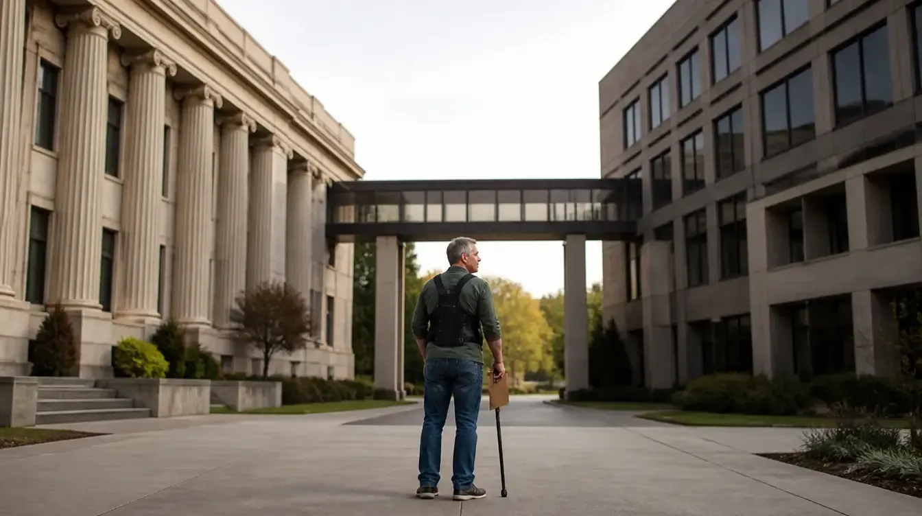Person with a cane standing in a campus courtyard between two buildings