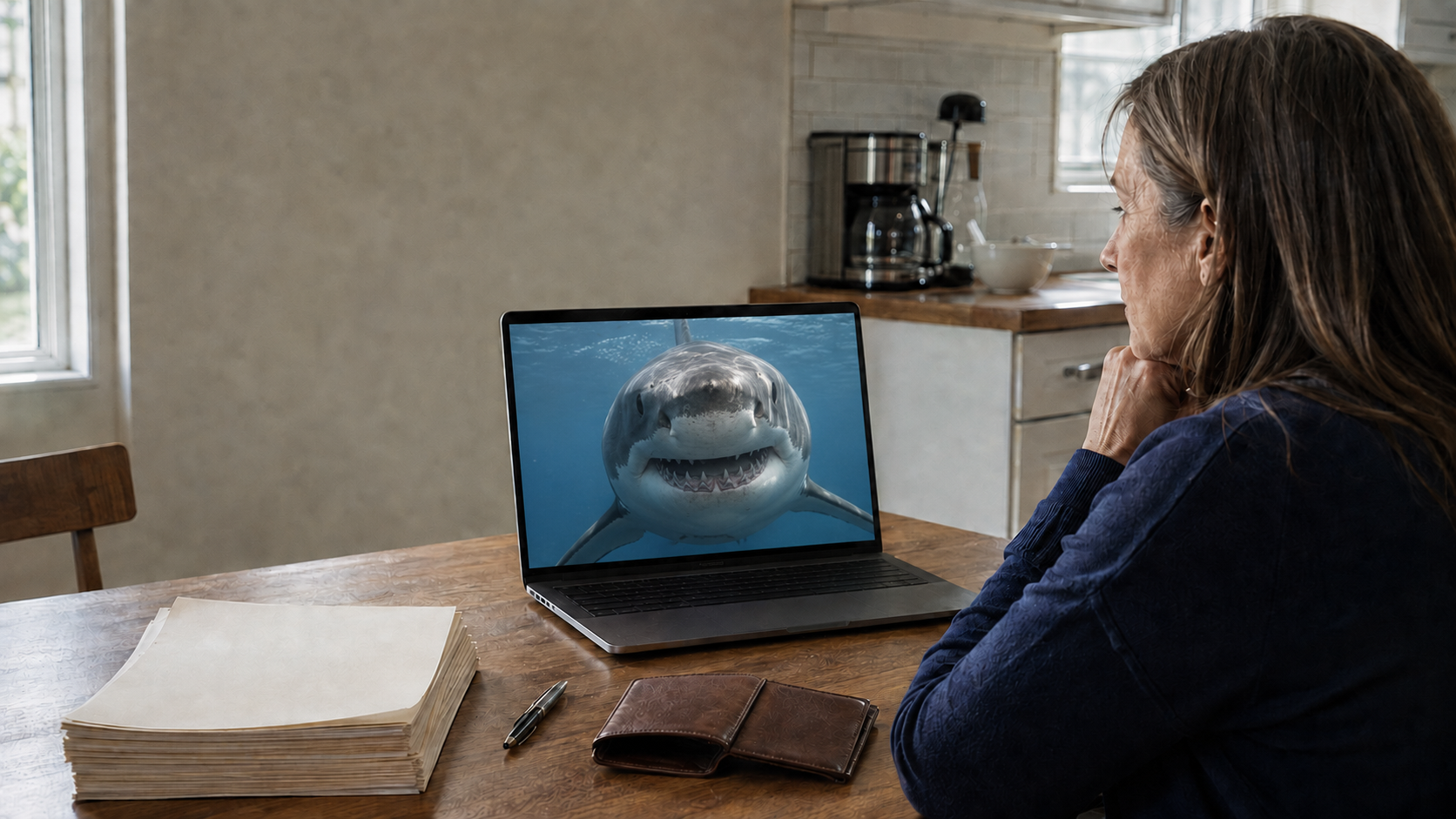 Person looking at a laptop showing a shark in a kitchen-like room