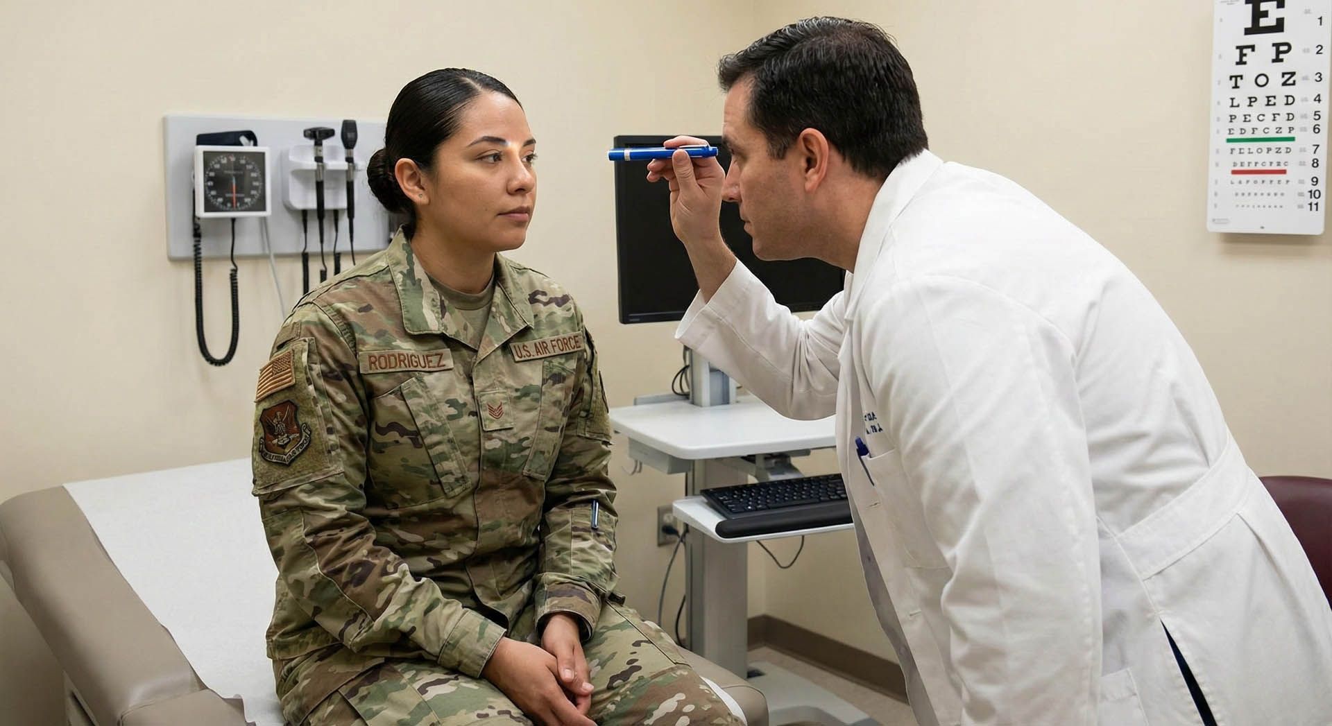 Doctor examining a seated soldier’s eyes in a clinic exam room