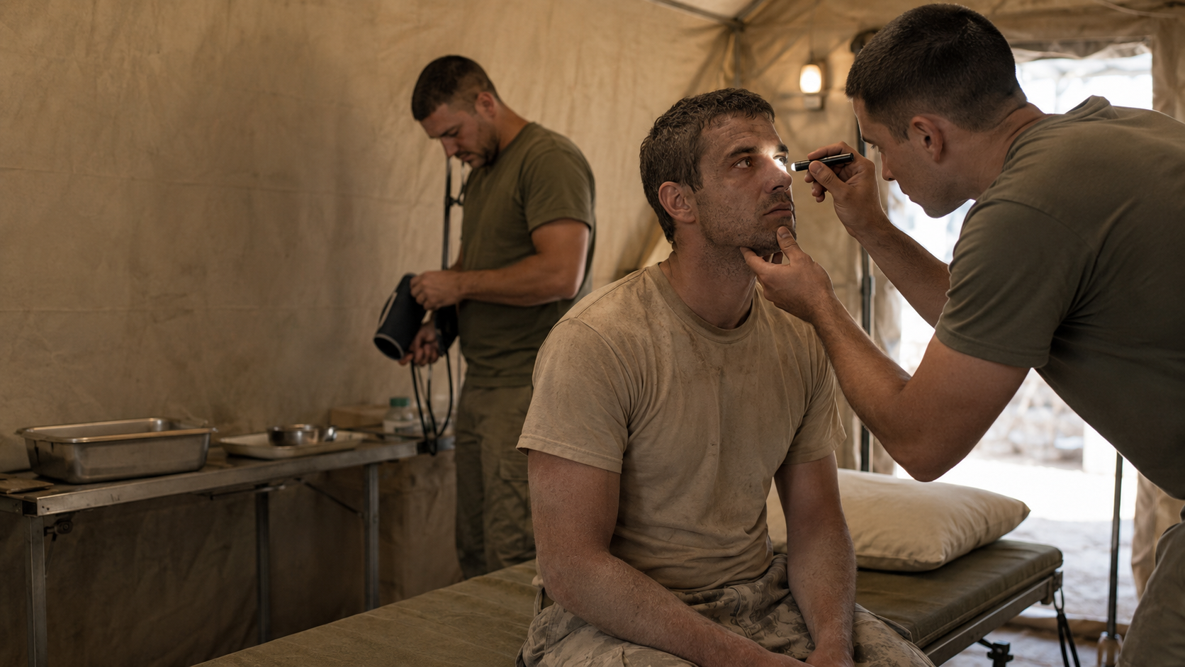 Person sits while another examines his face in a sparse room; a third stands nearby.