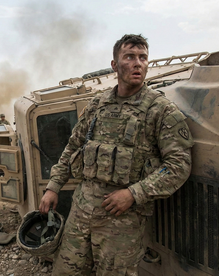 Soldier in camouflage beside a damaged armored vehicle, holding a helmet and looking off to the side.